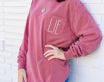 Embroidered Monogram Long Sleeve Pocket Tee, Long Sleeve Monogram Tshirt, Comfort Colors Pocket Tee, Bridesmaid Gift, Mother’s Day Gift