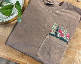 Embroidered Mushroom Pocket Tee, Short Sleeve Cottagecore Tshirt, Comfort Colors Pocket Tee, Witchy Pocket TShirt, Womens Alternative Shirt