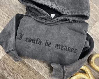 Funny Embroidered I Could Be Meaner Alt Hoodie, Vintage Wash Hooded Sweatshirt, Goth Hoodie