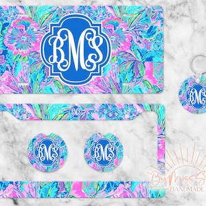 Preppy Blue Floral Personalized License Plate, Custom Car Tag for Women, Name Car Tag, License Plate Frame, Car Coasters, Personalized