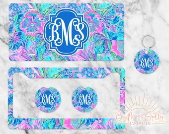 Preppy Blue Floral Personalized License Plate, Custom Car Tag for Women, Name Car Tag, License Plate Frame, Car Coasters, Personalized