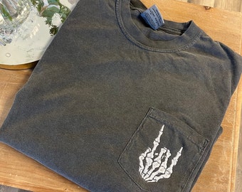 Embroidered Skeleton Pocket Tee, Short Sleeve Skeleton Hand Tshirt, Comfort Colors Pocket Tee, Metal Shirt, Womens Alternative Shirt