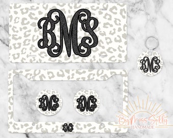 Neutral Leopard Monogram License Plate, Black and Cream Name Car Tag, Custom License Plate, Personalized License Plate, Keychain, Coasters