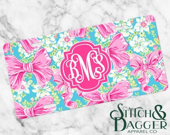 Flower and Bow Coquette Monogram License Plate, Pink Bow Name Car Tag, Front Car Tag,  Custom License Plate, Personalized License Plate