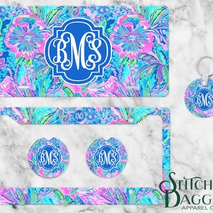 Preppy Blue Floral Personalized License Plate, Custom Car Tag for Women, Name Car Tag, License Plate Frame, Car Coasters, Personalized