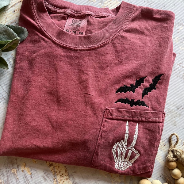 Embroidered Clearance Halloween Pocket Tee, Short Sleeve Skeleton Tshirt, Comfort Colors Pocket Tee, Spooky Shirt, Womens Halloween Shirt