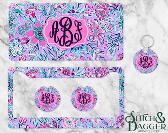 Preppy Personalized License Plate, Custom Car Tag for Women, Name Car Tag, Floral License Plate Frame, Car Coasters, Personalized