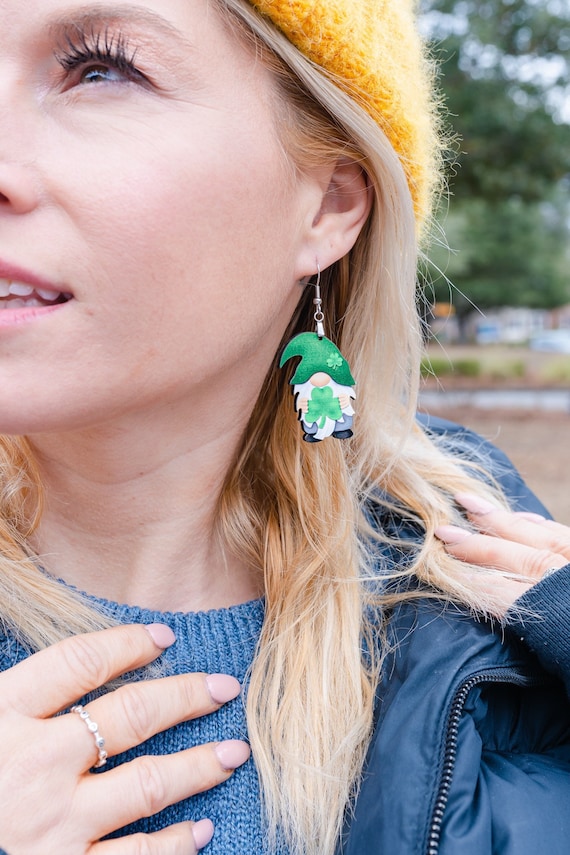 Saint Patrick's Day Gnome Earrings, St Patrick's Day Earrings, Clover Earrings, Leprechaun Gnome, Pot of Gold Earrings
