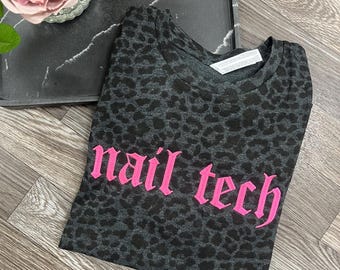 Embroidered Nail Tech Shirt, Nail Artist Shirt, Custom Career Black Leopard Hot Pink Tee