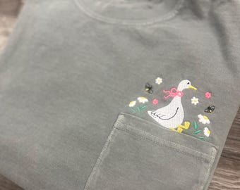 Embroidered Spring Goose Pocket Tshirt