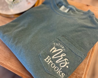 Embroidered Future Mrs Pocket Tee, Comfort Colors Pocket Tee, Bride Shirt, Engagement Gift, New Bride Tshirt, Personalized Bride Shirt