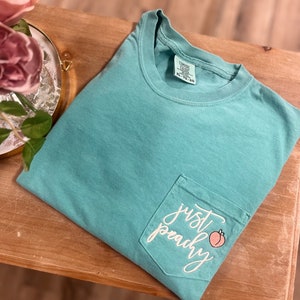 Embroidered Just Peachy Pocket Tee, Short Sleeve Tshirt, Comfort Colors Pocket Tee, Peach Pocket TShirt, Womens Summer Shirt
