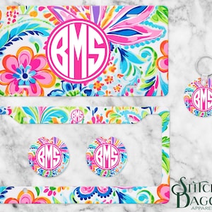 Preppy Floral Personalized License Plate, Rainbow Flowers Custom CarTag for Women, License Plate Frame, Car Coasters, Monogram License Plate