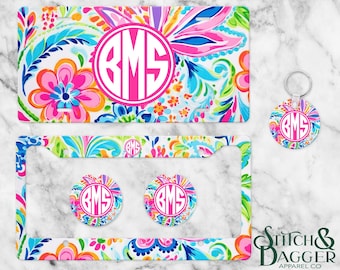 Preppy Floral Personalized License Plate, Rainbow Flowers Custom CarTag for Women, License Plate Frame, Car Coasters, Monogram License Plate