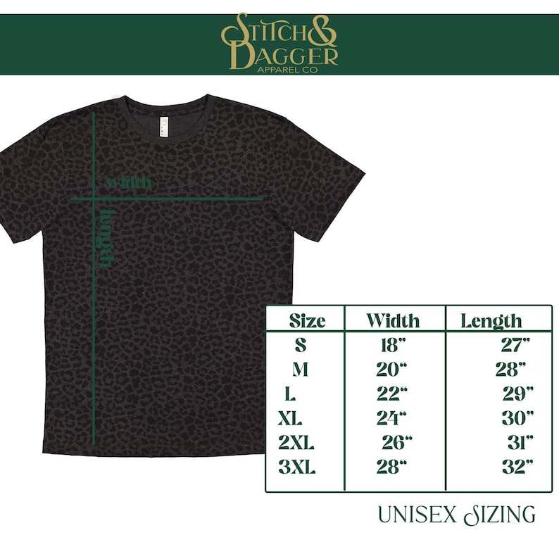May include: Black and brown leopard print t-shirt with a crew neck. The shirt has a size chart with measurements in inches. The text "Stitch & Dagger Apparel Co" is at the top. The sizing is unisex.