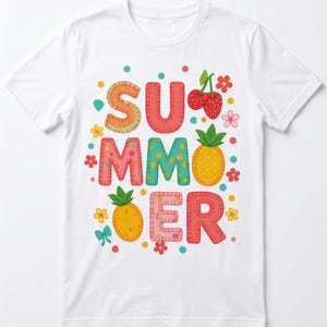 May include: White t-shirt with the word "SUMMER" in colorful, playful letters. The design includes cherries, pineapples, and flowers, creating a cheerful, summery vibe. The shirt is a casual, everyday wear item.