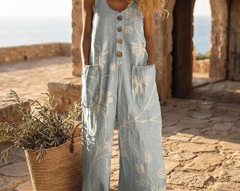 Wijde jumpsuit met wijde pijpen en bloemen | Relaxte mouwloze damesoverall | Losse zomerromper met zakken | Boho-outfit voor strandvakantie