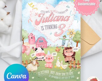 Invito di compleanno a tema fattoria, invito per feste modificabile, invito per bambine con animali da fattoria, invito digitale