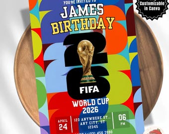 Invito per la festa dei Mondiali 2026, invito per il 9° compleanno a tema calcio, invito per la festa di visione della partita, modello Canva