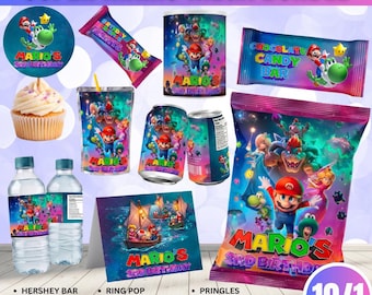 Bomboniere per feste a tema Super Mario, pacchetto di compleanno con modello Canva modificabile, invito, sacchetto per patatine, bustina per succo di frutta, involucri per barrette di cioccolato, bomboniere