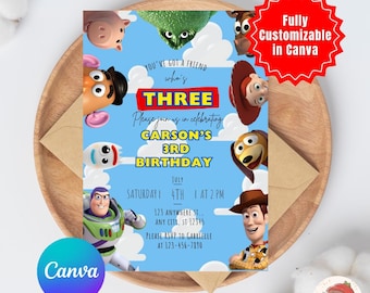 Invito di compleanno con giocattoli dei cartoni animati, modello di invito di compleanno per bambini modificabile, invito di compleanno modificabile su Canva, download immediato