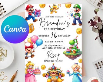 Invito di compleanno a tema Mario Galaxy modificabile, modello Canva, biglietto per festa di compleanno a tema videogiochi per ragazzi, download immediato, 5 x 7 pollici