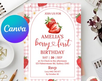 Invito per il primo compleanno a tema frutti di bosco, Invito per il primo compleanno a tema frutti di bosco, Invito modificabile per il primo compleanno di una bambina, Inviti di compleanno stampabili a tema fragole