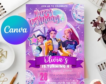 Invito di compleanno per festa a tema K, invito modificabile per feste a tema K per bambini, invito di compleanno viola per bambine, invito di compleanno per bambini, modello Canva
