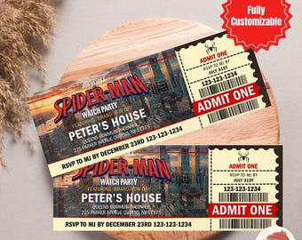 Invito a forma di biglietto di Spider-Man modificabile, modello di biglietto per il cinema, invito per festa al cinema, download immediato.