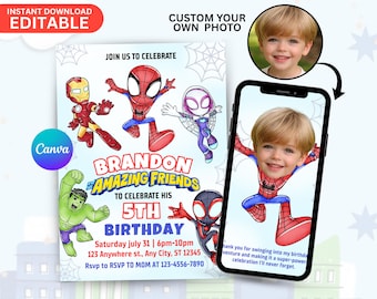 Invito personalizzato con la faccia di Spidey e i suoi amici, modello di supereroe stampabile, invito per la festa di Spidey e i suoi fantastici amici, invito per bambini