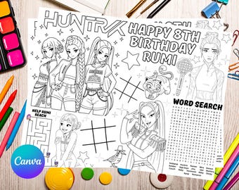 Scheda attività per il compleanno di Huntrix, pagina da colorare modificabile per feste K-pop, scheda per giochi da tavolo per bambini, pagina da colorare per gli amanti della musica