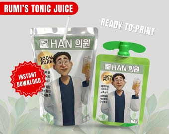 Etichetta per bevanda tonica Dr. Han, etichette per bevanda medicinale Rumi, stampabile per feste Kpop, etichetta per succo Caprisun, download digitale