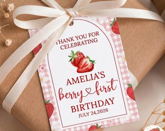 Etichette per bomboniere di primo compleanno a tema frutti di bosco modificabili, Etichetta di primo compleanno a tema frutti di bosco, Etichetta di ringraziamento a tema fragola, Download immediato