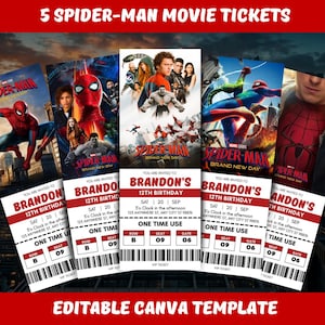 Pode incluir: Cinco modelos de bilhetes de cinema do Spider-Man com gráficos de personagens e o texto Brandon's 12th Birthday, Sat 20 Sep, 3 o'clock in the afternoon, 123 Anywhere St, Any City 98876, One Time Use, Row B, Seat 09, Gate 06 e Brand New Day.