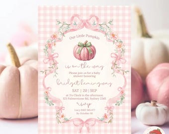 Invito per baby shower a tema zucca, baby shower autunnale, invito per baby shower ad acquerello, modello Canva modificabile