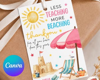 Meno lezioni, più spiaggia! Etichetta regalo, stampabile per festa estiva in spiaggia, etichetta per bomboniera di fine anno scolastico per insegnanti, regalo di ringraziamento per insegnanti