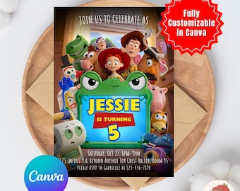 Invito di compleanno a tema giocattoli e amici, modello Canva 5x7, invito di compleanno a tema giocattoli modificabile, modello Canva modificabile (download immediato)