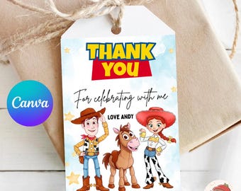 Etichetta di ringraziamento per compleanno a tema cowboy e cowgirl ad acquerello, modello di etichetta regalo modificabile su Canva, etichetta per bomboniera stampabile, download immediato.
