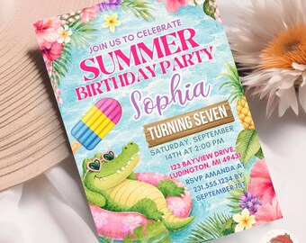 Simpatico invito per una festa in piscina a tema alligatore, invito di compleanno estivo per bambini, modello stampabile su Canva, design modificabile su Canva