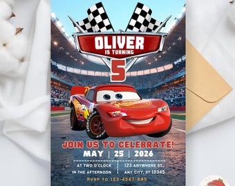 Invito di compleanno a tema Cars, invito per festa per bambini, tema Cars, modello digitale modificabile su Canva (download digitale)