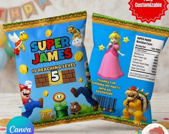Etichetta per sacchetto di patatine di compleanno di Mario, decorazioni per feste a tema Mario, sacchetto di patatine, modello Canva personalizzabile, etichetta per sacchetto di patatine di Super Mario modificabile