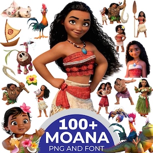 May include: A digital collection of Moana characters including Moana, Maui, Pua, Heihei, and Kakamora. The graphic features various poses of the characters, a sailboat, a hibiscus flower, and text that reads 100+ MOANA PNG AND FONT.
