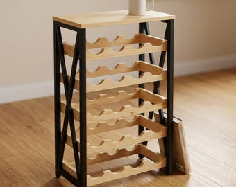 Freestanding 5-Tier Wine Rack | Wood Top, Black Metal Frame, Wobble-Free Storage