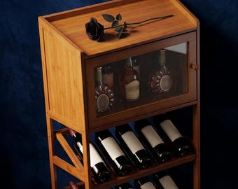 Bambusowa szafka na wino | Wolnostojąca półka barowa | Przechowywanie alkoholu | Uchwyt na kieliszki do wina | Piwniczka kuchenna