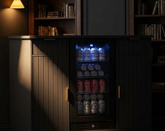Matte Black Fluted Bar Cabinet with Mini Fridge Space & Power Outlet
