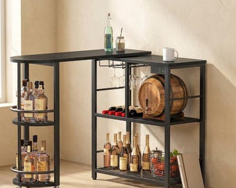 L-Shaped Home Bar Table with Charging Station, Wine Rack, Wheels