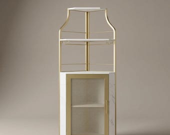 Corner Wine Cabinet Gold | Bar Cabinet with Wine Rack, Glass Holder, Mesh Door | Sideboard for Dining Room, Kitchen, Living Room