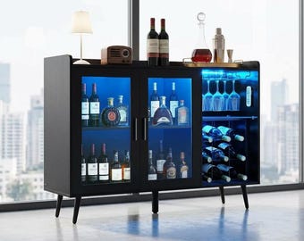 Black Wood Grain Wine Cabinet with LED Lights, 9-Bottle Rack, Glass Holder Buffet Sideboard
