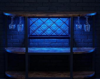 Wózek barowy LED z gniazdkiem elektrycznym | 4-poziomowy, przemysłowy, metalowy stół do przechowywania napojów alkoholowych, brązowy