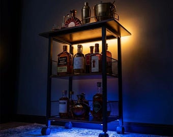 Industrial Bar Cart with Wheels | 3-Tier Rolling Liquor Cabinet, Walnut Wood